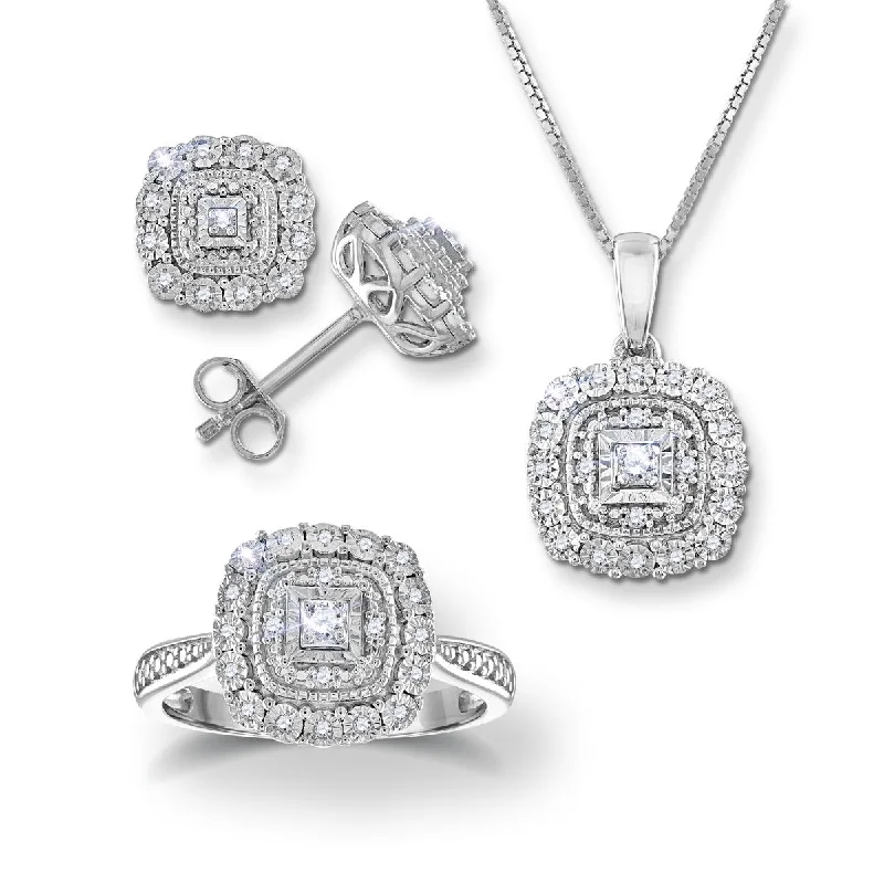 Shine Without Limits – Jewelry Sale Happening Now 1/3 CTW Diamond Halo Ring Pendant Earrings Set in Sterling Silver