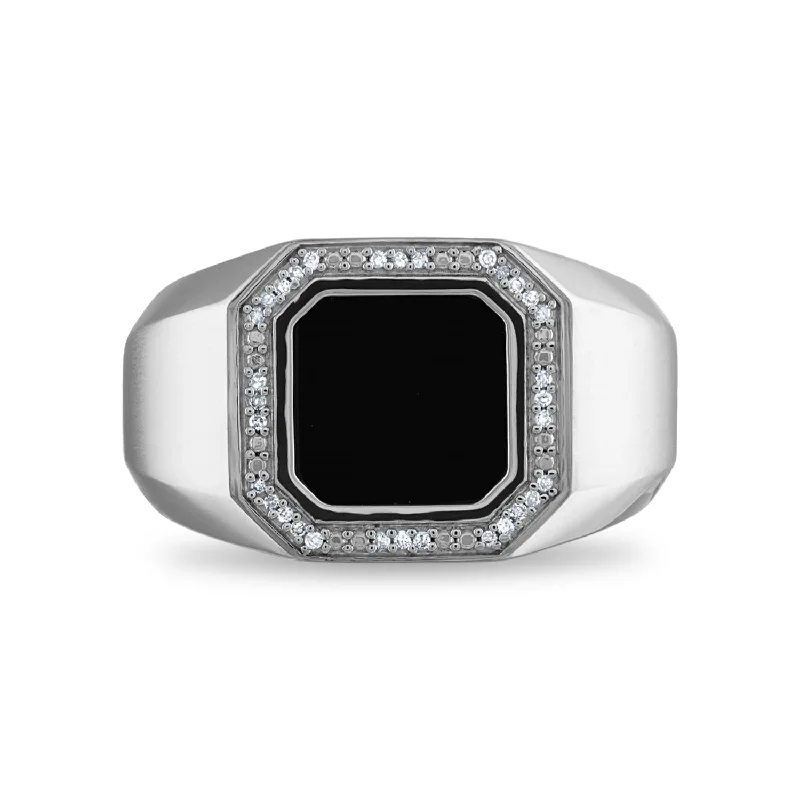 Shop Handcrafted Jewelry At Special Promotional Rates 10MM Square Onyx and Diamond Ring in Rhodium Plated Sterling Silver Shop Handcrafted Jewelry At Special Promotional Rates 10MM Square Onyx and Diamond Ring in Rhodium Plated Sterling Silver