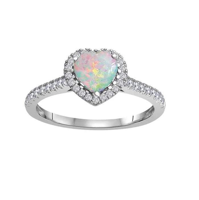 Bestselling Jewelry Now On Sale – Elevate Your Look 6MM Heart Shape Opal and White Sapphire Birthstone Heart Halo Ring in 10KT White Gold Bestselling Jewelry Now On Sale – Elevate Your Look 6MM Heart Shape Opal and White Sapphire Birthstone Heart Halo Ring in 10KT White Gold