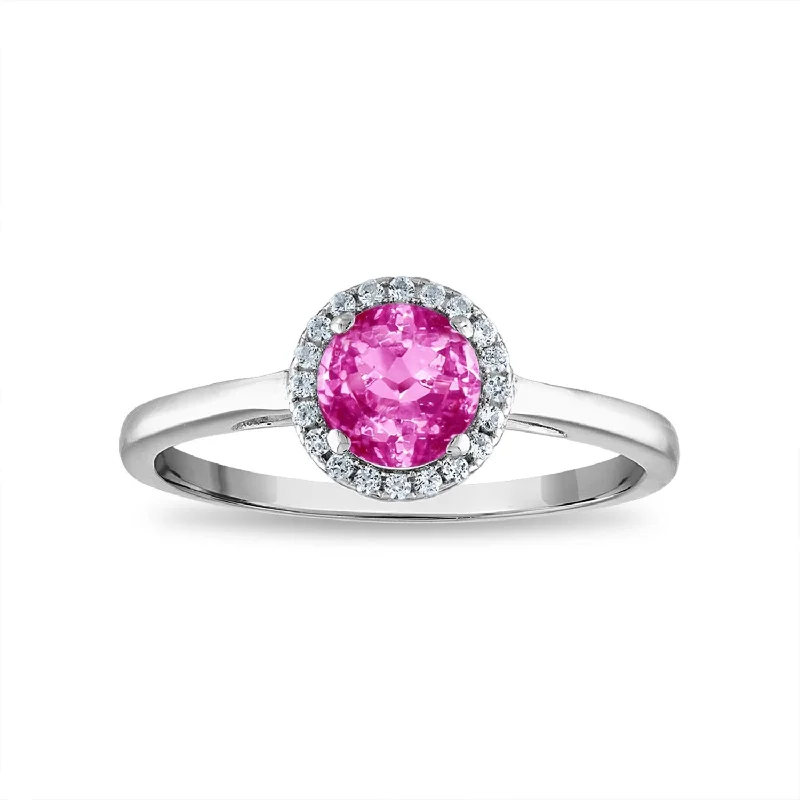Bestselling Jewelry At Special Promotional Rates 6MM Round Pink Sapphire and White Sapphire Birthstone Halo Ring in Sterling Silver