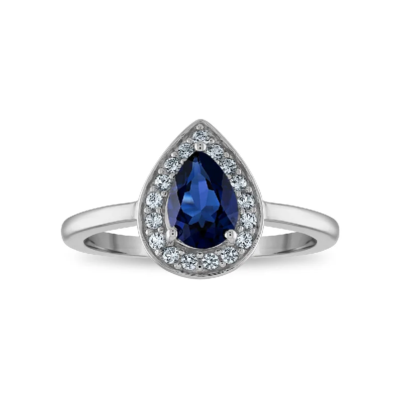 Timeless Elegance Now At Special Discounts 7X5MM Pear Ceylon Sapphire and White Sapphire Halo Ring in Rhodium Plated Sterling Silver Timeless Elegance Now At Special Discounts 7X5MM Pear Ceylon Sapphire and White Sapphire Halo Ring in Rhodium Plated Sterling Silver