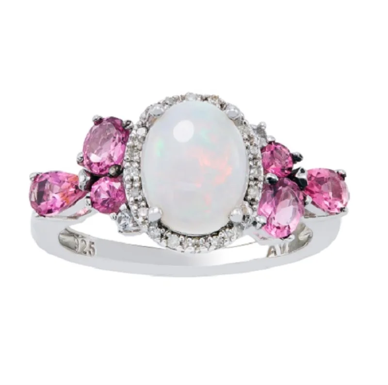 Seasonal Jewelry Sale – Upgrade Your Style Today 9X7MM Oval Opal and Pink Sapphire Gem Stone Halo Ring in Sterling Silver Seasonal Jewelry Sale – Upgrade Your Style Today 9X7MM Oval Opal and Pink Sapphire Gem Stone Halo Ring in Sterling Silver