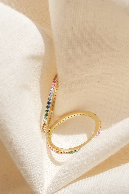 Everyday Jewelry Essentials Now On Sale Asha Thin Gold Ring with Rainbow CZ Stones