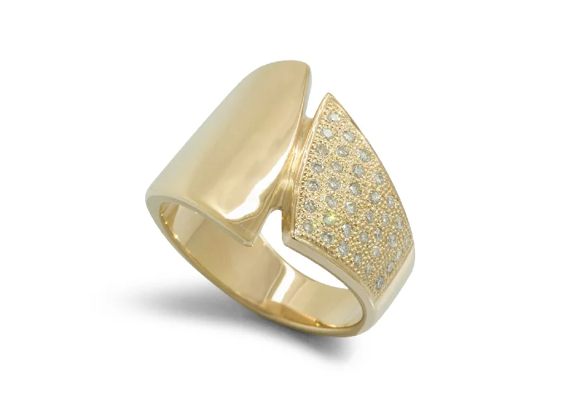 Affordable Gold-Plated Jewelry For Modern Fashion Custom Pave Diamond Asymmetric Ring, Yellow Gold