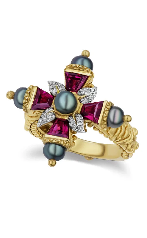 Exclusive Gemstone Jewelry Markdowns – Shop Now Ethereal Cross Ring – Pink Garnet, Diamonds & Black Freshwater Pearl