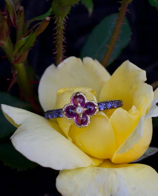 Grab Your Favorite Jewelry At The Lowest Prices Lotus Flower Stack Ring- Diamond, Pink Garnet & Iolite
