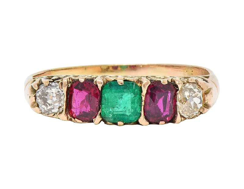 Personalized Engraved Jewelry For Meaningful Gifts Victorian 1.10 CTW Ruby Emerald Diamond 14 Karat Yellow Gold Antique Five Stone Band Ring Personalized Engraved Jewelry For Meaningful Gifts Victorian 1.10 CTW Ruby Emerald Diamond 14 Karat Yellow Gold Antique Five Stone Band Ring