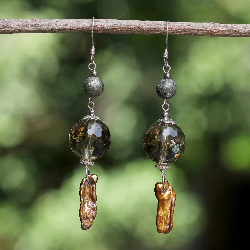 Discounted Luxury Jewelry – Shine Without The Splurge Beautiful Exotic Pearl and smoky quartz dangle earrings