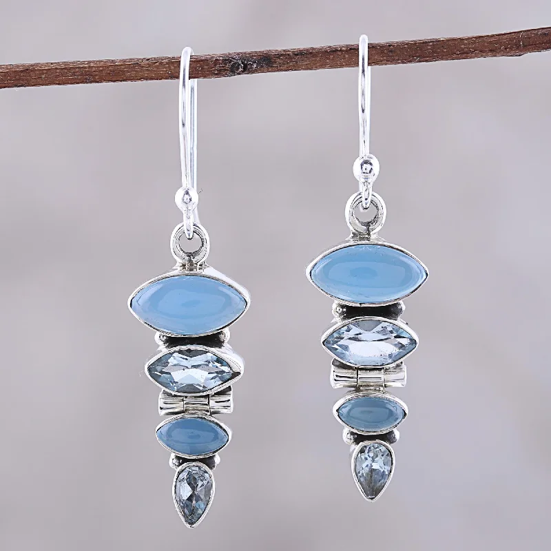 Seasonal Jewelry Sale – Upgrade Your Collection Falling Stars Blue Topaz and Chalcedony Sterling Silver Dangle Earrings