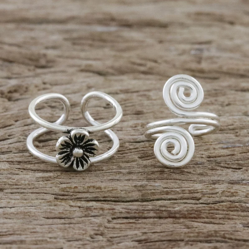 Discover Unique Jewelry With Special Limited-Time Offers Flower and Spiral Floral Sterling Silver Ear Cuffs from Thailand
