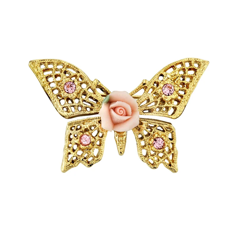 Unmissable Deals On Handmade Jewelry Collections 1928 Jewelry® Gold-Tone Pink Crystal And Porcelain Rose Butterfly Brooch