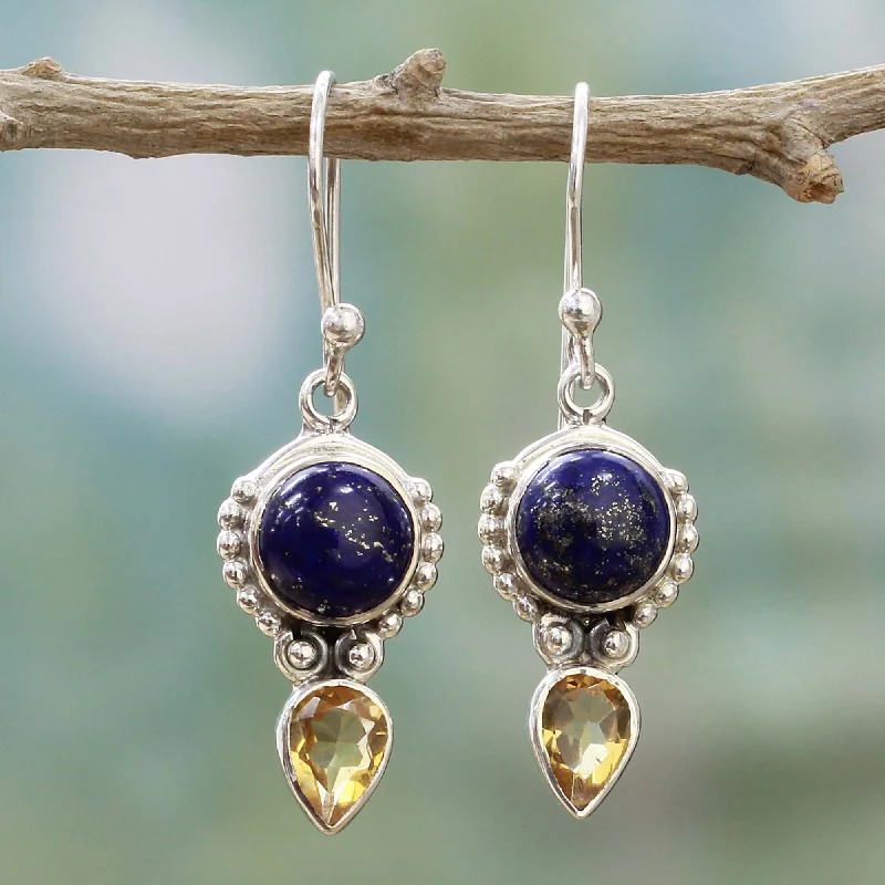 Dainty Floral Jewelry For Feminine Elegance Indian Dew Handmade Citrine Lapis Lazuli Dangle Earrings from India