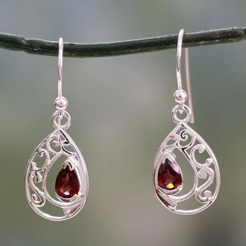Premium Diamond Jewelry At Once-In-A-Lifetime Discounts Lace Halo Earrings with Garnet and Sterling Silver Handmade in India