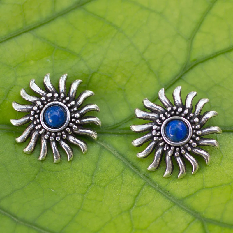 Handmade Pearl Jewelry For Timeless Elegance Mexican Suns Sterling Silver and Lapis Lazuli Handcrafted Button Earrings