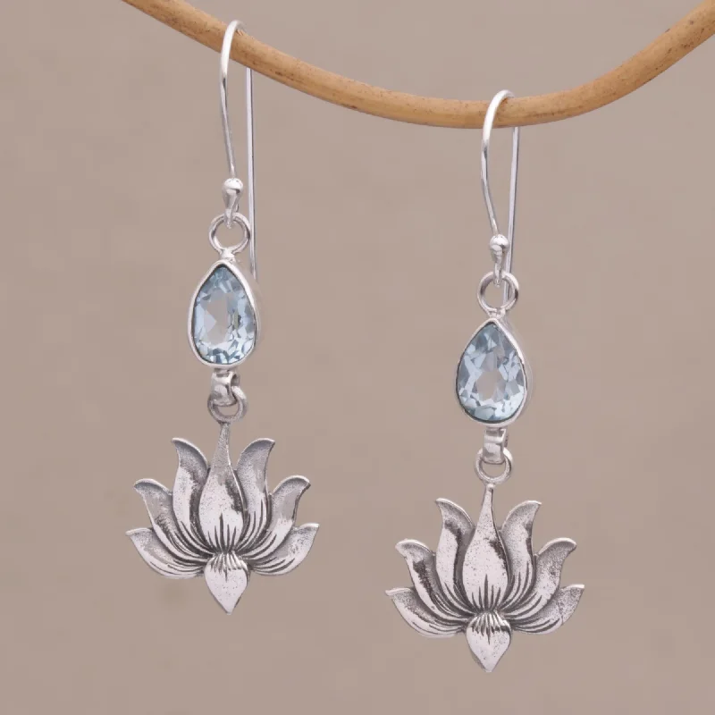 Trendy Minimalist Jewelry For Everyday Wear Sacred Bloom 925 Silver Lotus Hook Earrings with Blue Topaz from Bali
