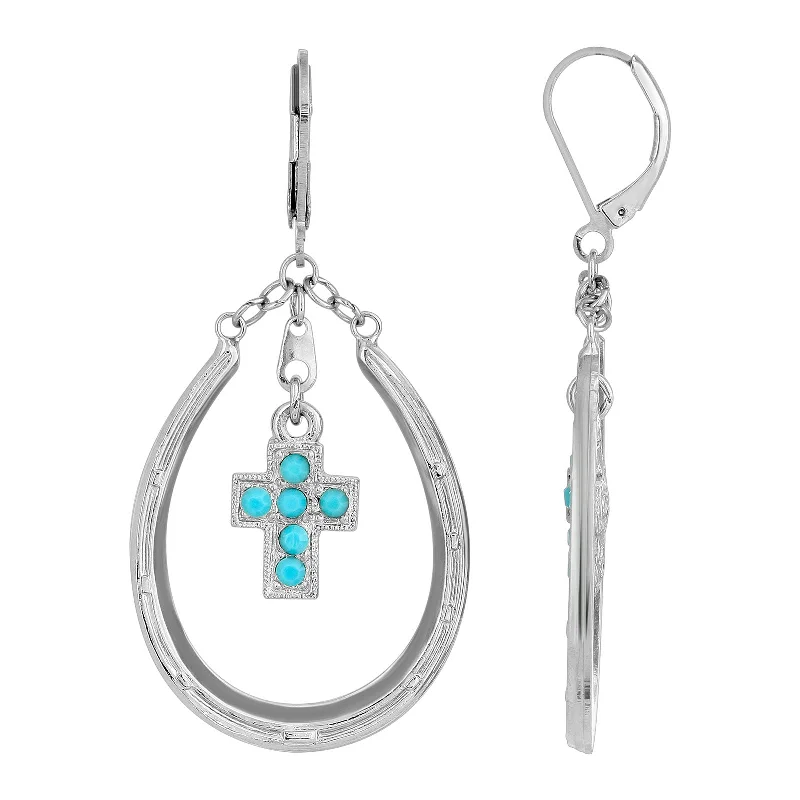 Elevate Your Outfit With Discounted Statement Jewelry 1928 Jewelry® Silver Tone Turquoise Cross Horseshoe Earrings