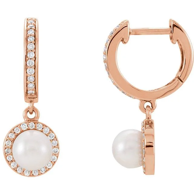 Stunning Statement Jewelry, Unbeatable Discounts 14kt Rose Freshwater Cultured Pearl & 1/5ctW Diamond Dangle Hoops Earrings Stunning Statement Jewelry, Unbeatable Discounts 14kt Rose Freshwater Cultured Pearl & 1/5ctW Diamond Dangle Hoops Earrings
