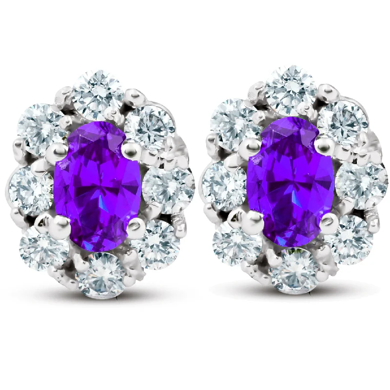 Dainty Floral Jewelry For Feminine Elegance 3 Ct Amethyst & Diamond Halo Studs 14k White Gold Dainty Floral Jewelry For Feminine Elegance 3 Ct Amethyst & Diamond Halo Studs 14k White Gold