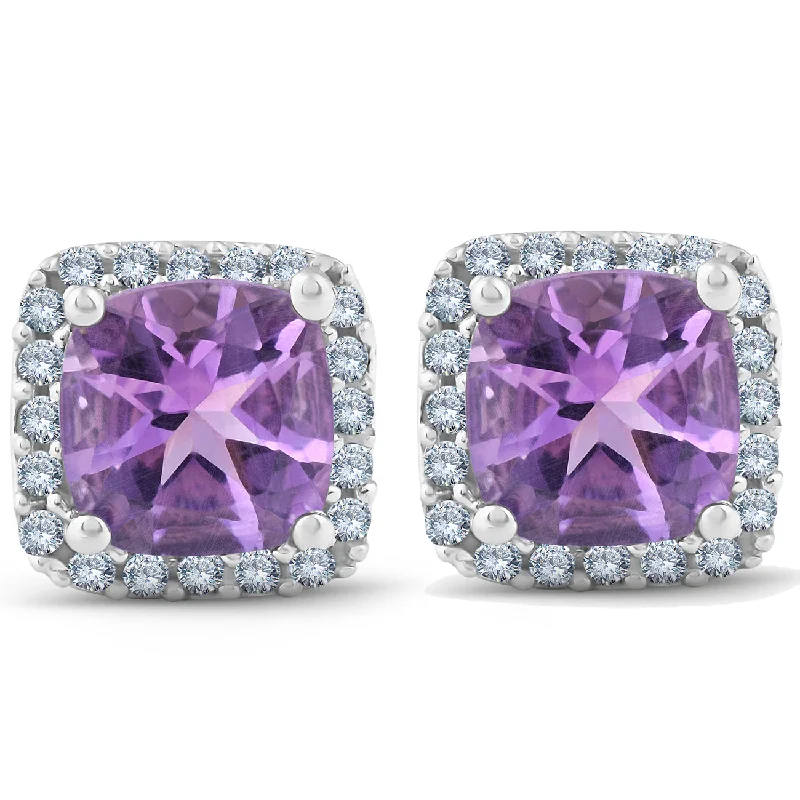 Premium Jewelry Now Available At Special Discounts 3ct Pave Halo Amethyst Studs 14K White Gold Premium Jewelry Now Available At Special Discounts 3ct Pave Halo Amethyst Studs 14K White Gold
