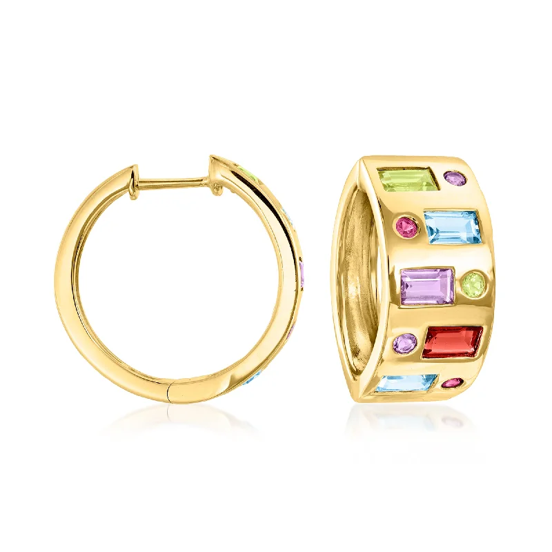 Unique Jewelry Designs Now At Discounted Rates Ross-Simons Multi-Gemstone Hoop Earrings in 18kt Gold Over Sterling