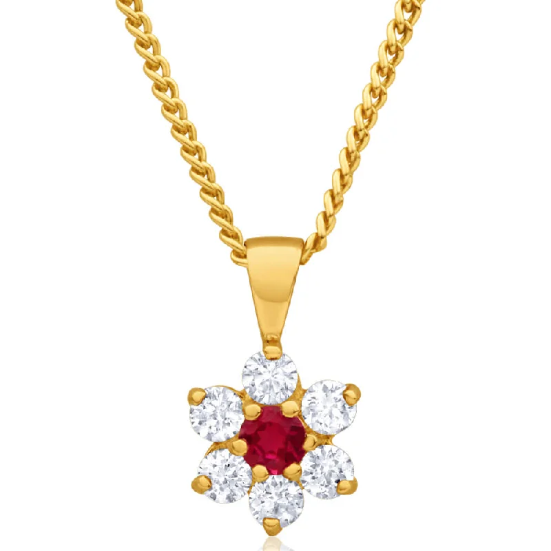 Make Your Outfit Shine With Discounted Jewelry 9ct Yellow Gold Created Ruby + Cubic Zirconia Flower Pendant Make Your Outfit Shine With Discounted Jewelry 9ct Yellow Gold Created Ruby + Cubic Zirconia Flower Pendant