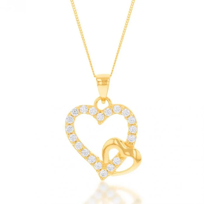 The Perfect Jewelry Piece At The Perfect Price 9ct Yellow Gold Cubic Zirconia Double Heart Pendant on Chain Necklace of 46cm The Perfect Jewelry Piece At The Perfect Price 9ct Yellow Gold Cubic Zirconia Double Heart Pendant on Chain Necklace of 46cm