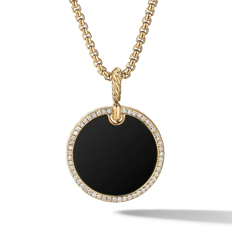 Versatile Layering Jewelry For Effortless Chic DY Elements Disc Pendant in 18K Yellow Gold with Black Onyx and Pave Diamond Rim Versatile Layering Jewelry For Effortless Chic DY Elements Disc Pendant in 18K Yellow Gold with Black Onyx and Pave Diamond Rim