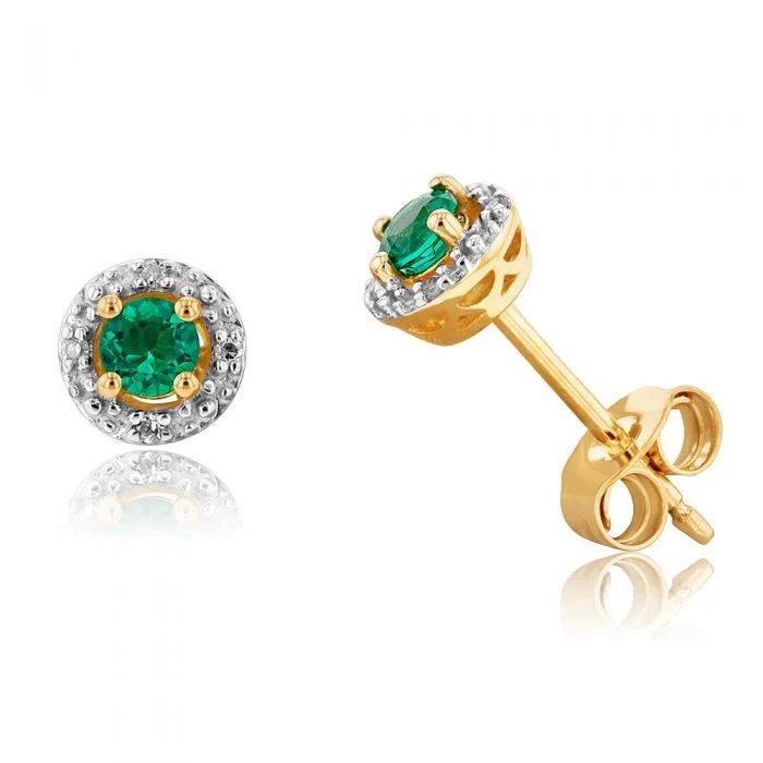 Luxury Handcrafted Jewelry For Elegant Looks 9ct Yellow Gold 3mm Created Emerald and Diamond Halo Studs Earrings Luxury Handcrafted Jewelry For Elegant Looks 9ct Yellow Gold 3mm Created Emerald and Diamond Halo Studs Earrings