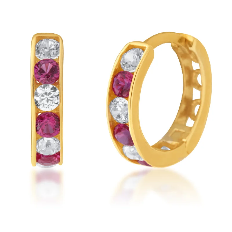 Dainty And Elegant Jewelry Now At Reduced Prices 9ct Yellow Gold White and Red Cubic Zirconia 10mm Huggies Dainty And Elegant Jewelry Now At Reduced Prices 9ct Yellow Gold White and Red Cubic Zirconia 10mm Huggies