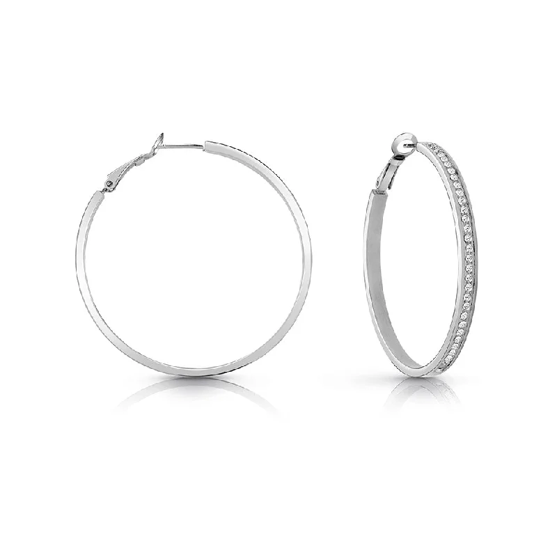 Unique Jewelry Designs Now At Discounted Rates GUESS Silver Plated 50mm Front Crystal Pave Hoops Unique Jewelry Designs Now At Discounted Rates GUESS Silver Plated 50mm Front Crystal Pave Hoops