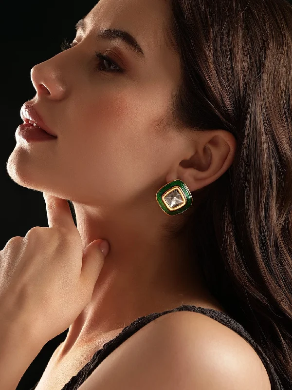 Celebrate Every Occasion With Sparkling Savings Rubans 22K Antique Gold Crystal Studded Green Enamel Stud Earrings Celebrate Every Occasion With Sparkling Savings Rubans 22K Antique Gold Crystal Studded Green Enamel Stud Earrings