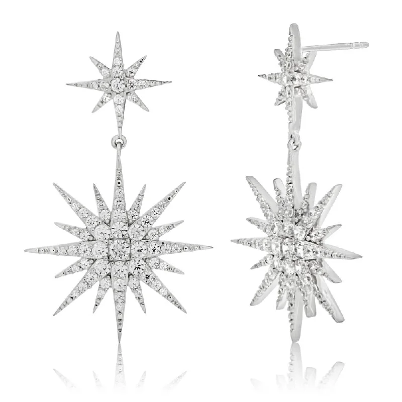 Modern Statement Jewelry For Bold Styling Sterling Silver Rhodium Plated Starburst Cubic Zirconia Drop Earrings Modern Statement Jewelry For Bold Styling Sterling Silver Rhodium Plated Starburst Cubic Zirconia Drop Earrings