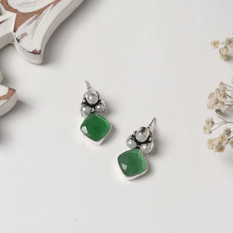 Handmade Pearl Jewelry For Timeless Elegance Teejh Delisha Green Stone Silver Oxidised  Stud Earrings