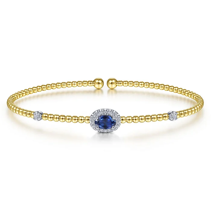 Grab Exquisite Jewelry At The Lowest Prices 14K White-Yellow Gold Bujukan Bead Cuff Bracelet with Sapphire and Diamond Halo Station Grab Exquisite Jewelry At The Lowest Prices 14K White-Yellow Gold Bujukan Bead Cuff Bracelet with Sapphire and Diamond Halo Station