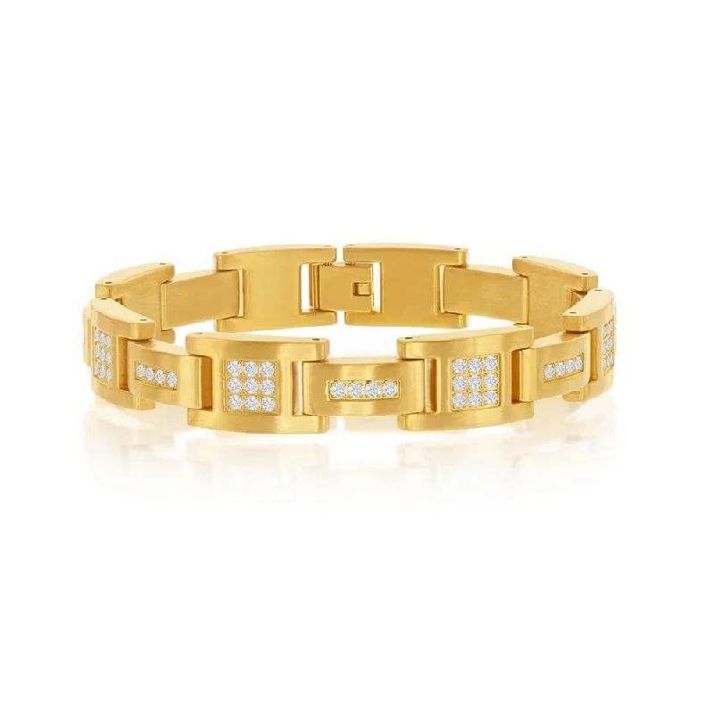Discounted Jewelry For A Glamorous Look Stainless Steel Matte CZ Link Bracelet - Gold Plated Discounted Jewelry For A Glamorous Look Stainless Steel Matte CZ Link Bracelet - Gold Plated