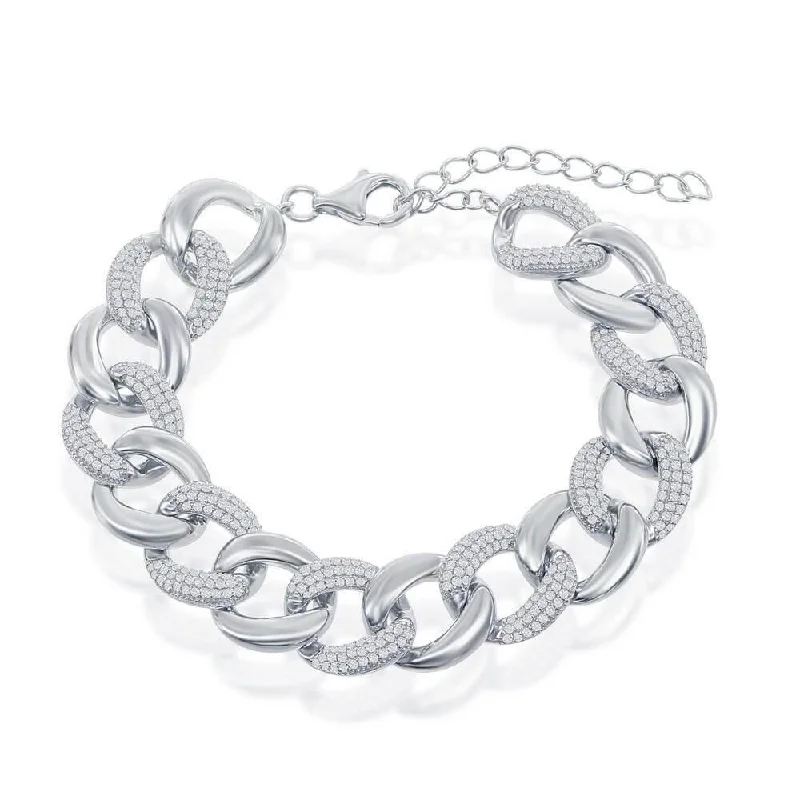 Chic And Stylish Jewelry At Exclusive Prices Sterling Silver Alternating Polished & Micro Pave CZ Solid Link Bracelet Chic And Stylish Jewelry At Exclusive Prices Sterling Silver Alternating Polished & Micro Pave CZ Solid Link Bracelet