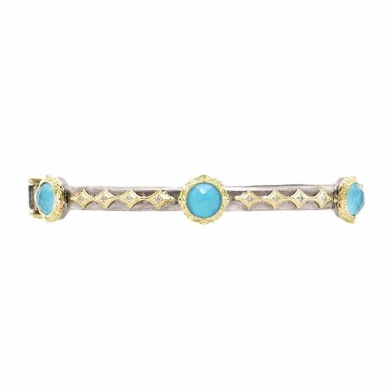 Shop Jewelry That Shines Without The High Price Old World Hinged Bangle with Turquoise Doublets and Diamonds Shop Jewelry That Shines Without The High Price Old World Hinged Bangle with Turquoise Doublets and Diamonds